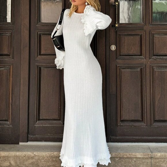 White Elegant Women's Long Sleeve Crew Neck Flare Cuff Sweater Dress - Picture 5 of 5